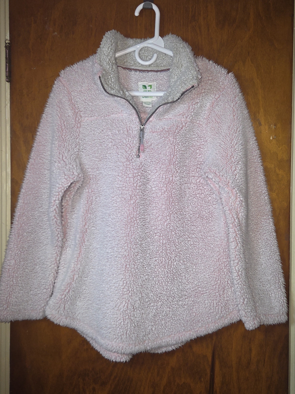 Green Tea Peach Petal Pink Sherpa Fleece Quarter Zip Pullover Sweater Large
